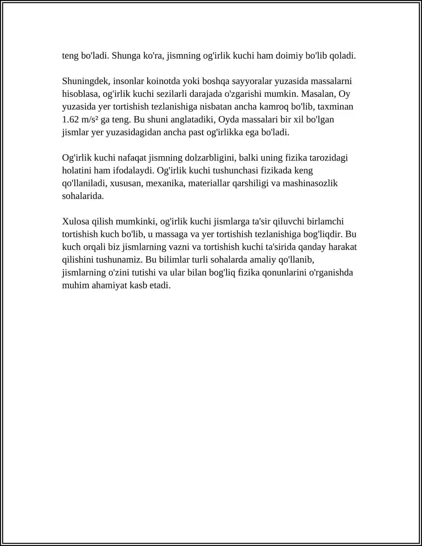 O'G'IRLIK KUCHI VA JISMALARNING VAZNI.VAZINSIZLIK 4