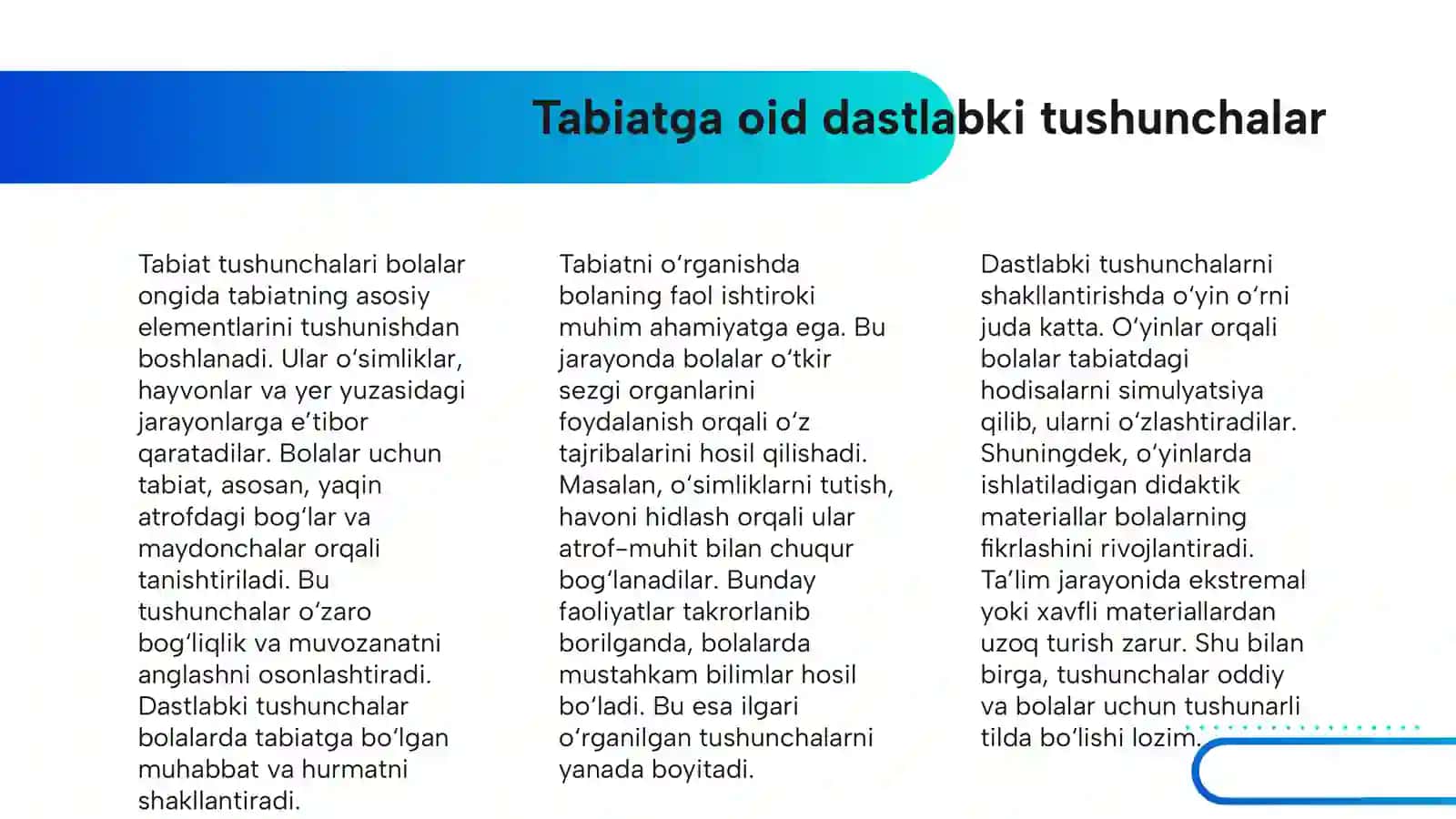 MAKTABGACHA YOSHDAGI BOLALARNI TABIAT BILAN TANISHTIRISH METOD VOSITALARNI TANLASHGA QOʻYILADIGAN TALABLAR 4