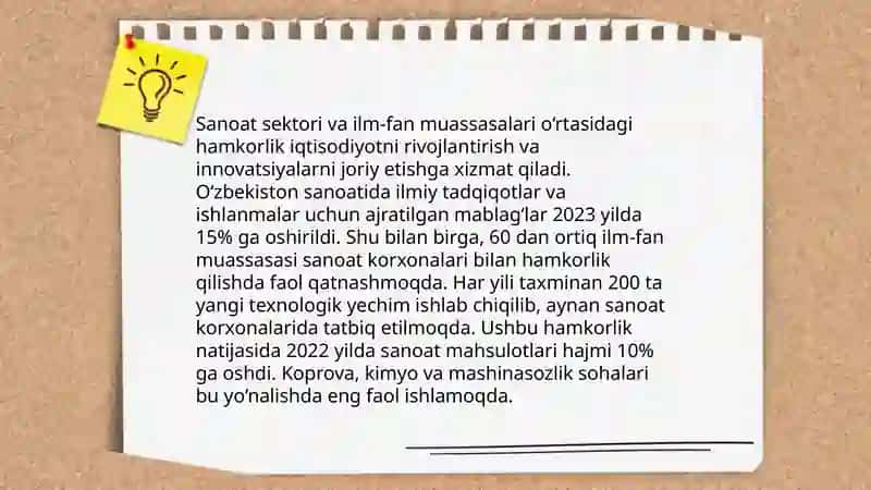 Iqtisodiyotga innovatsiyalarni keng joriy qilish, sanoat korxonalari va ilm-fan muassasalarining kooperatsiya aloqalarini rivojlantirish. 4