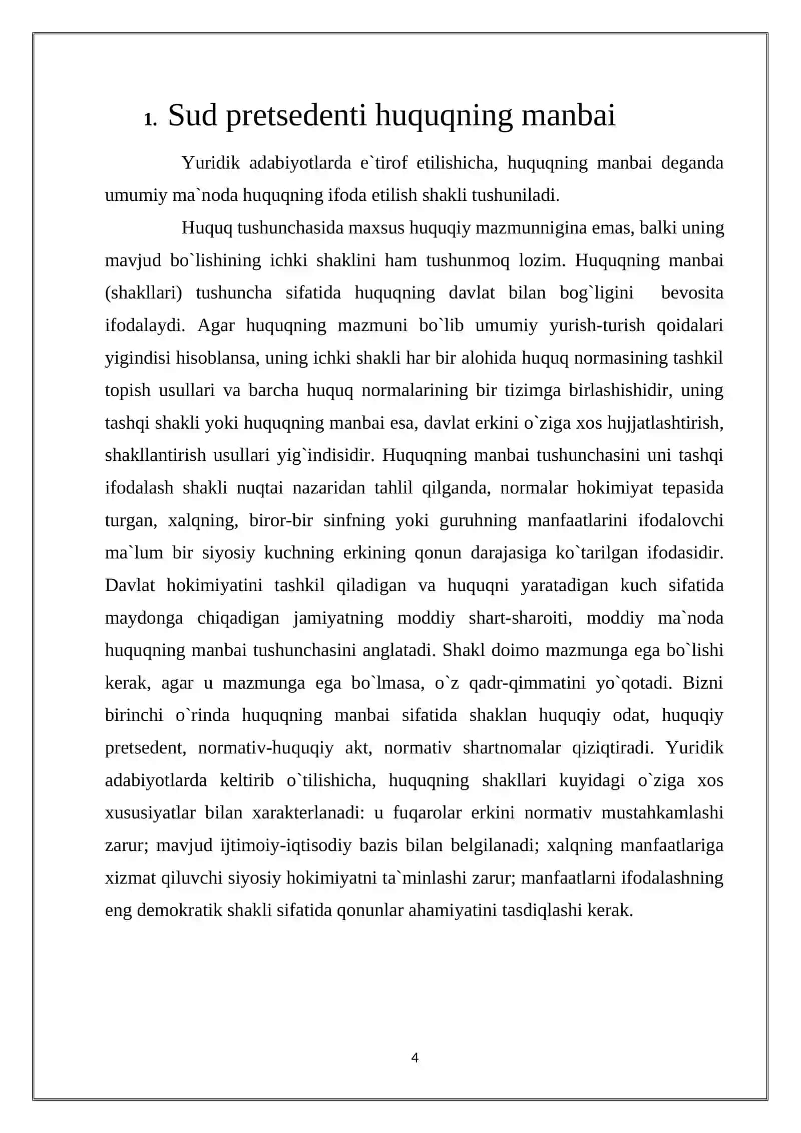 “SUD PRETSEDENTI HUQUQNING MANBAI SIFATIDA” MAVZUSIDAGI KURS ISHI 4