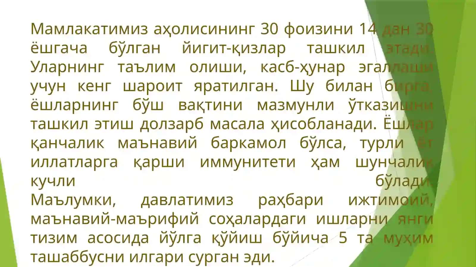 Oʻzbekiston prezidenti tomonidan ilgari surilgan beshta muhim tashabbus va uning amalga tatbiq etilishi 4