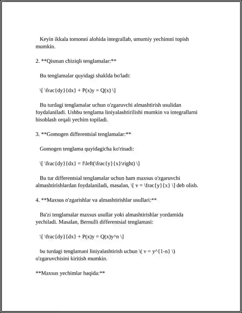 BIRINCHI TARTIBLI DIFFERENTSIAL TENGLAMANING MAXSUS YECHIMI. KLERO TENGLAMASI. LAGRANJ TENGLAMASI 4