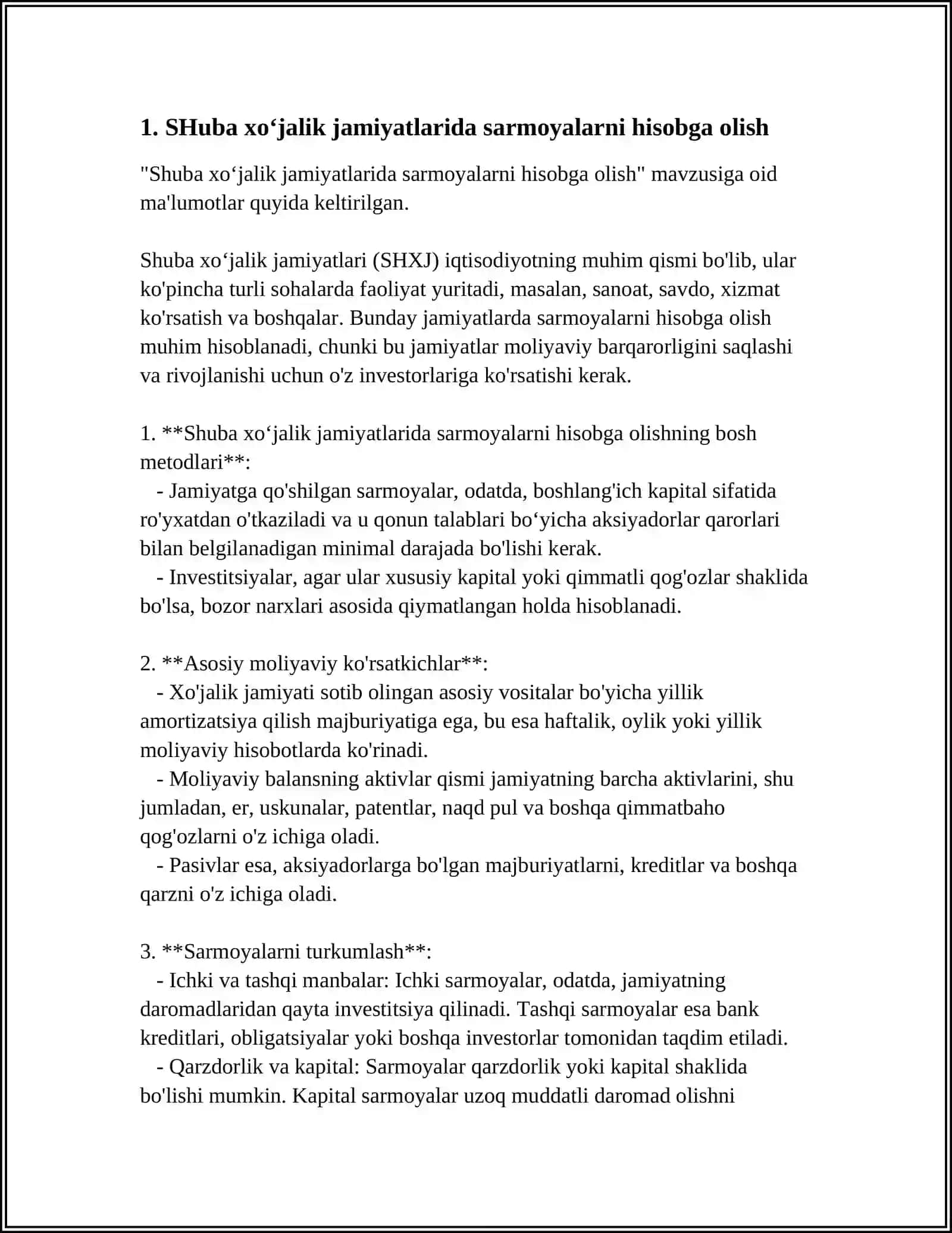 SHUBA XOʻJALIK JAMIYATLARIGA SARMOYALARNI HISOBGA OLISH VA KONSOLIDATSIYALASHGAN MOLIYAVIY HISOBOTLAR 4