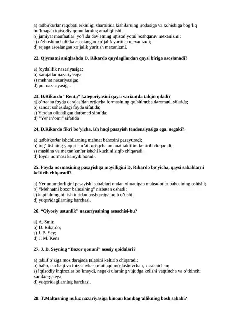 Iqtisodiy ta’limotlar tarixi fanidan test savollari 4