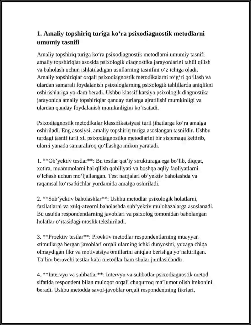 AMALIY TOPSHIRIQ XARAKTERIGA KO’RA PSIXODIAGNOSTIK METODIKALAR KLASSIFIKATSIYASI 4