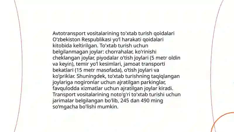 Yo’l harakati qoidalari va harakat xavfsizligi asoslari fanidan tayyorlagan taqdimot loyihasi 4