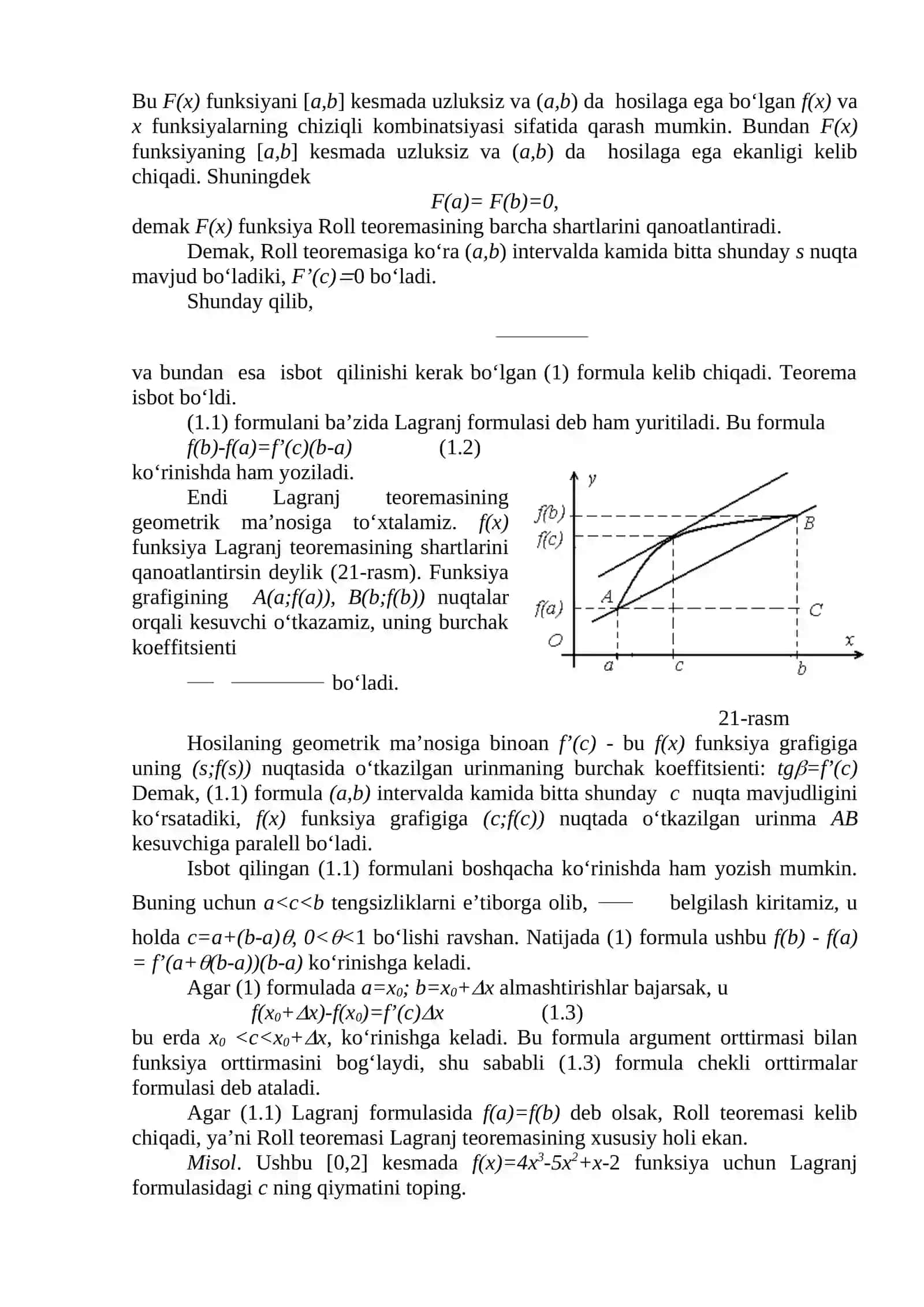 Differensial hisobning asosiy teoremalari va  tatbiqlari     O‘rta qiymat haqidagi teoremalar 4