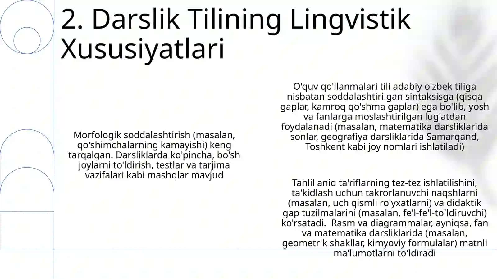 O'zbek tilidan darslik va o’quv qo’llanmalarning boblari va mavzularini o’rganish 4