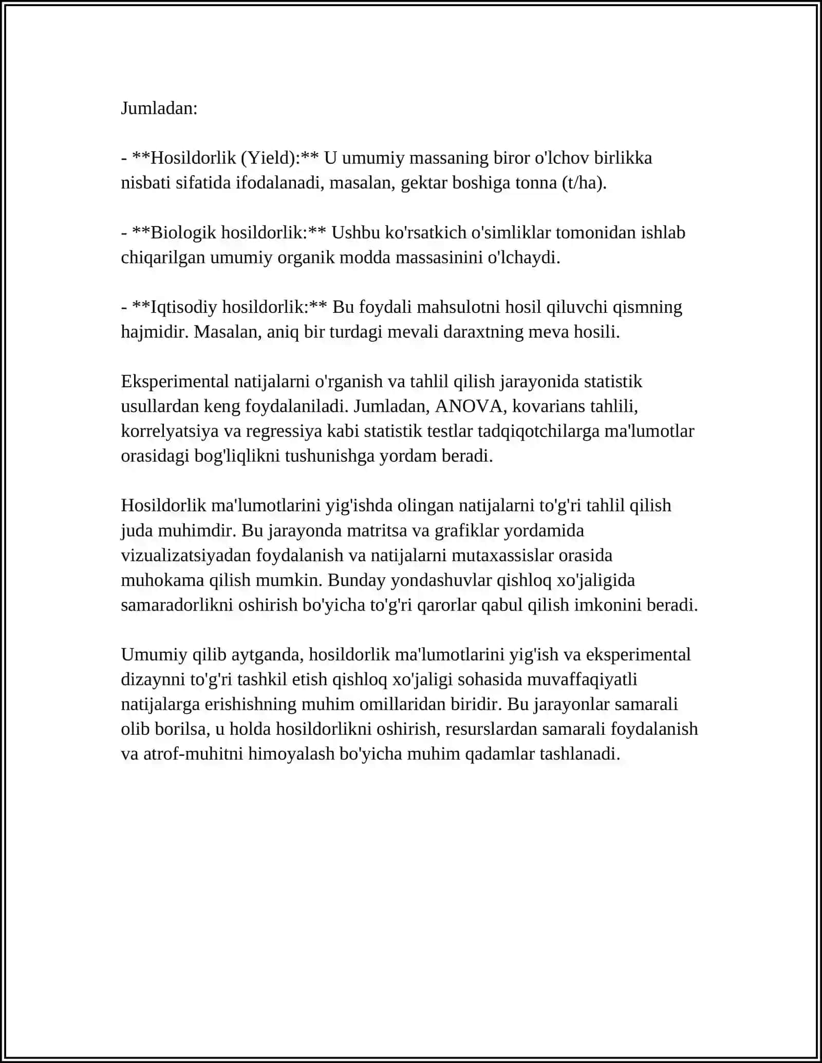 QISHLOQ XOʻJALIK EKINLARI HOSILDORLIKLARIGA STATISTIK BAHO QURISH 4