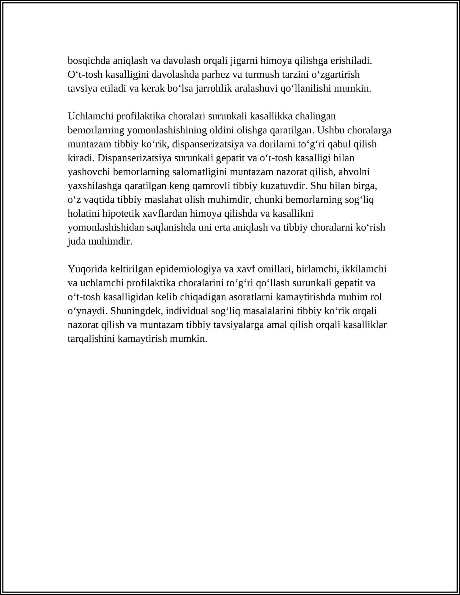 SURUNKALI GEPATIT VA O‘T-TOSH KASALLIGINING QIYOSIY TASHXISI. UASH TAKTIKASI. BIRLAMCHI, IKKILAMCHI, UCHLAMCHI PROFILAKTIKASI VA DISPANSERIZATSIYA 4
