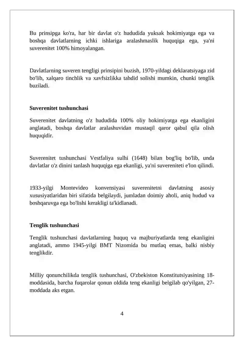 Xalqaro xuquq prinsiplari tushunchasi. Davlatlarning suveren tengligi prinsipi 4