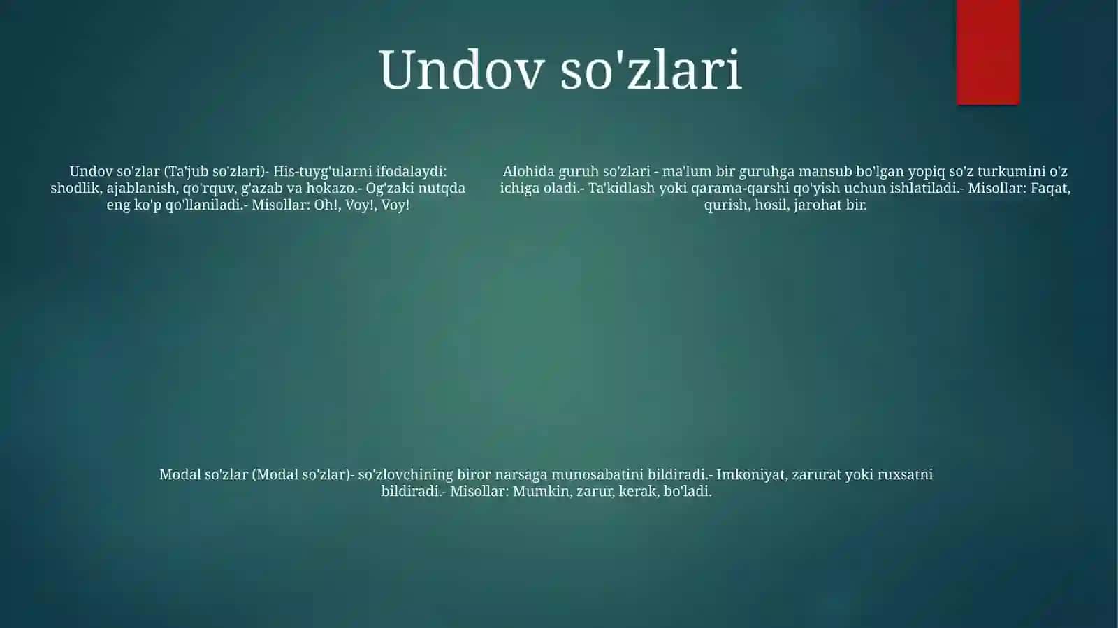 Alohida Guruh SoʻZlar. Modal SoʻZlar. Undov SoʻZlar. TaqlidSoʻZlar 4