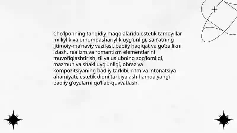 Choʻlponning adabiy tanqidiy maqolalari tahlili 4