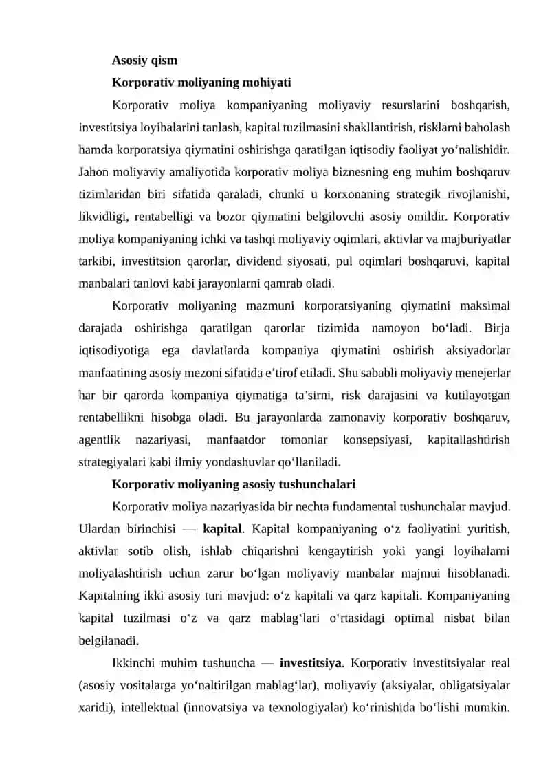 MOLIYA TIZIMINING MARKAZIY BO’G’INI SIFATIDA KORPORATIV MOLIYANING O’RNI 4