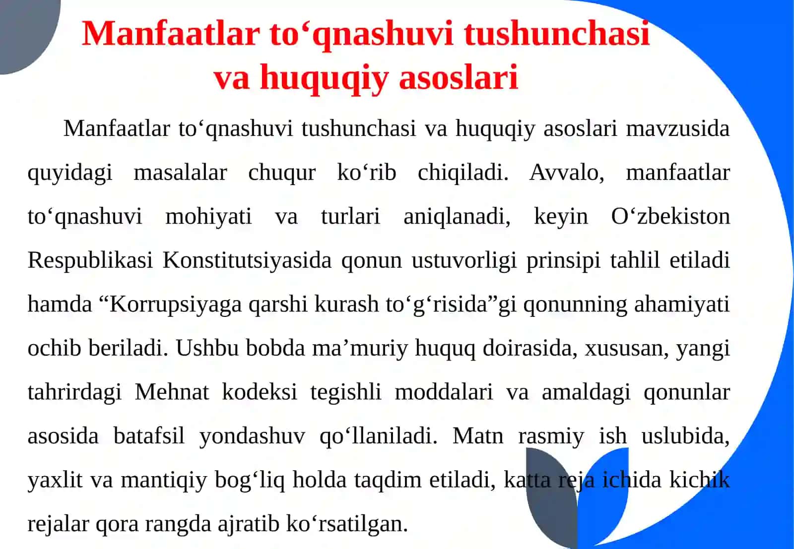 MANFAATLAR TO‘QNASHUVI VA UNING OLDINI OLISH CHORALARI 4