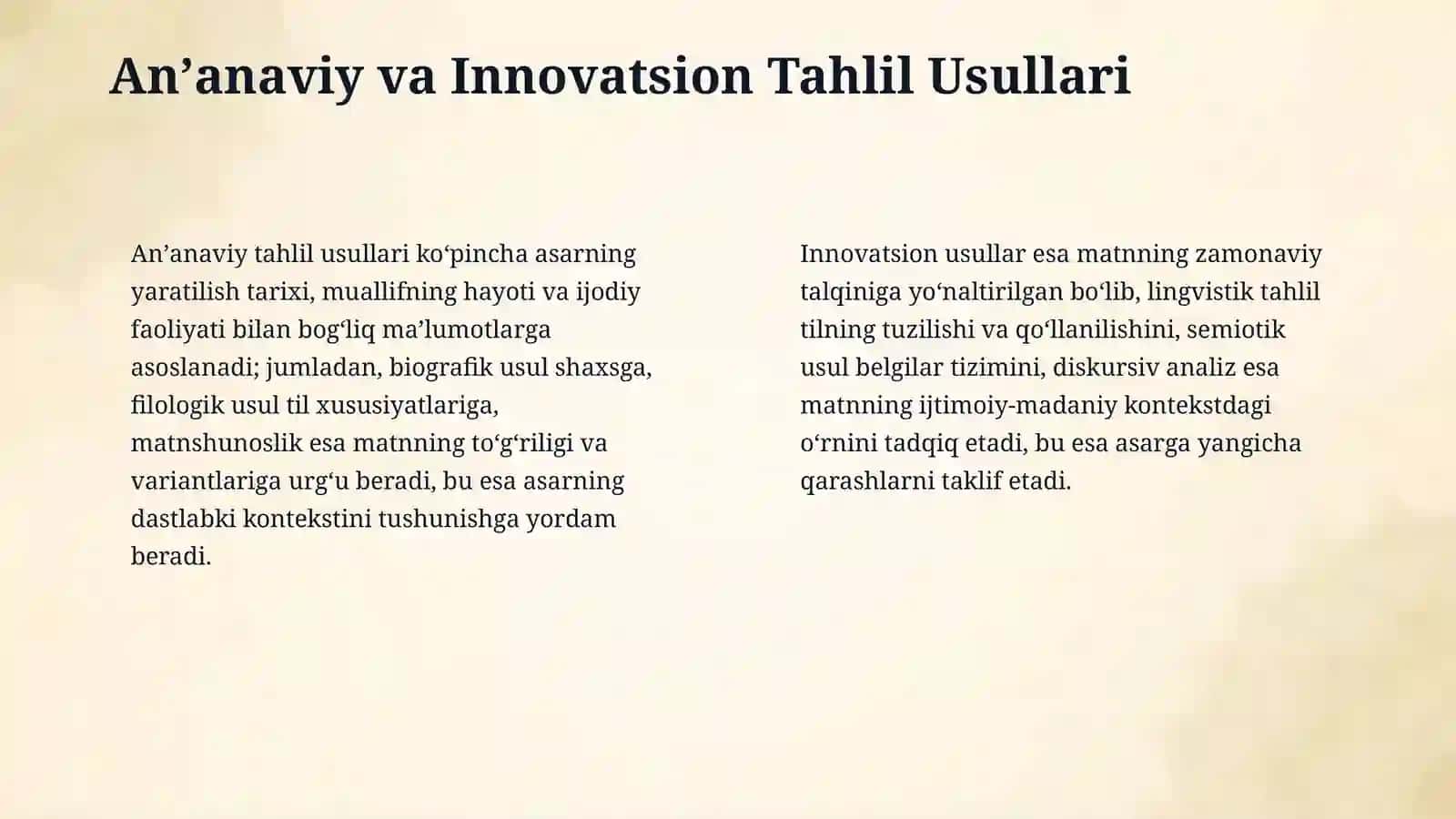 She'riy asarlarni oʻrganishda innovatsion yondashuv. Mashrabning "Na qilay" va "Oʻrtar" gʻazallari asosida 4