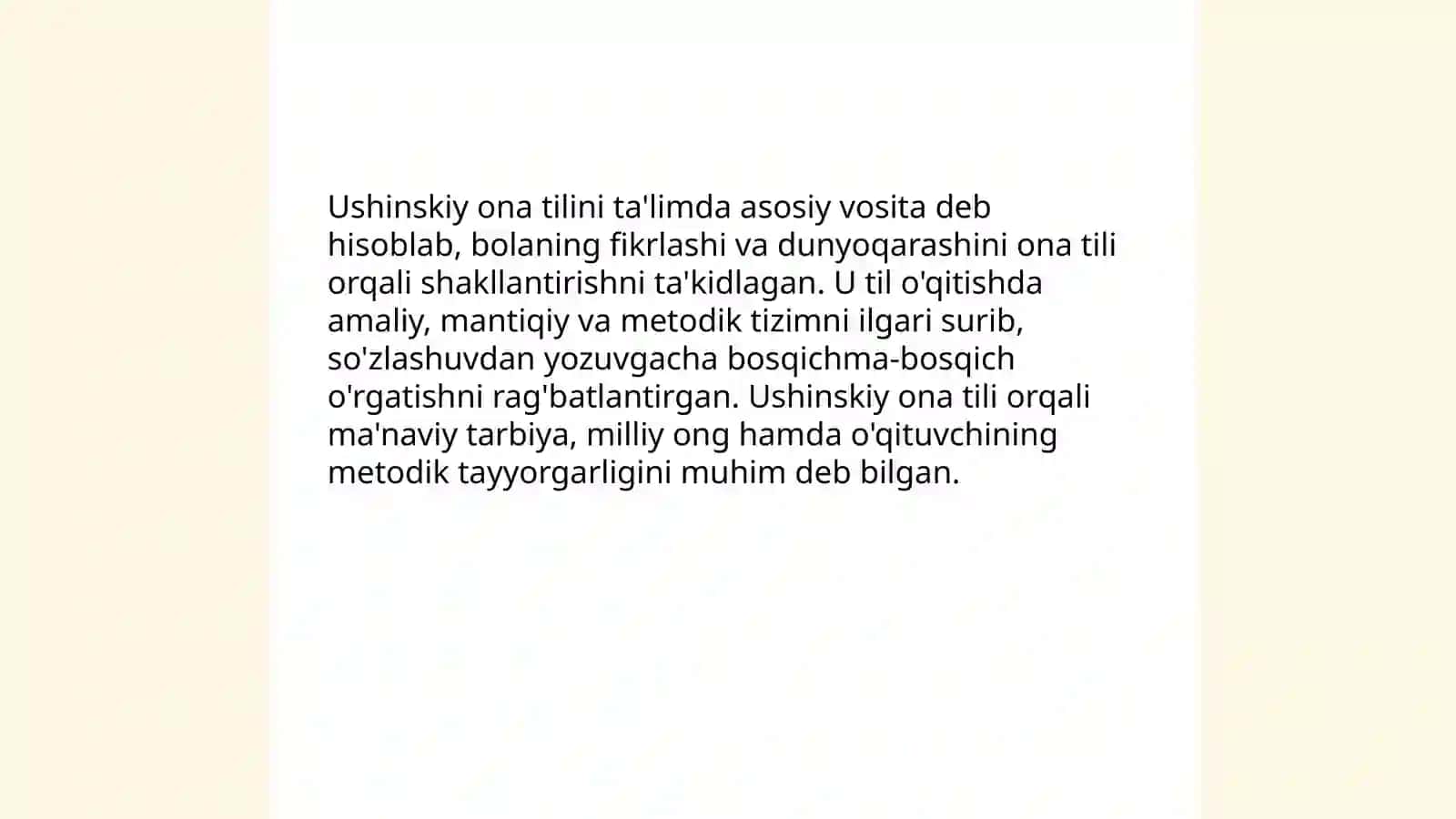 K. D. Ushiniskiyning pedagogik g'oyalari. L. N. Tolostoyning pedagogik qarashlari 4