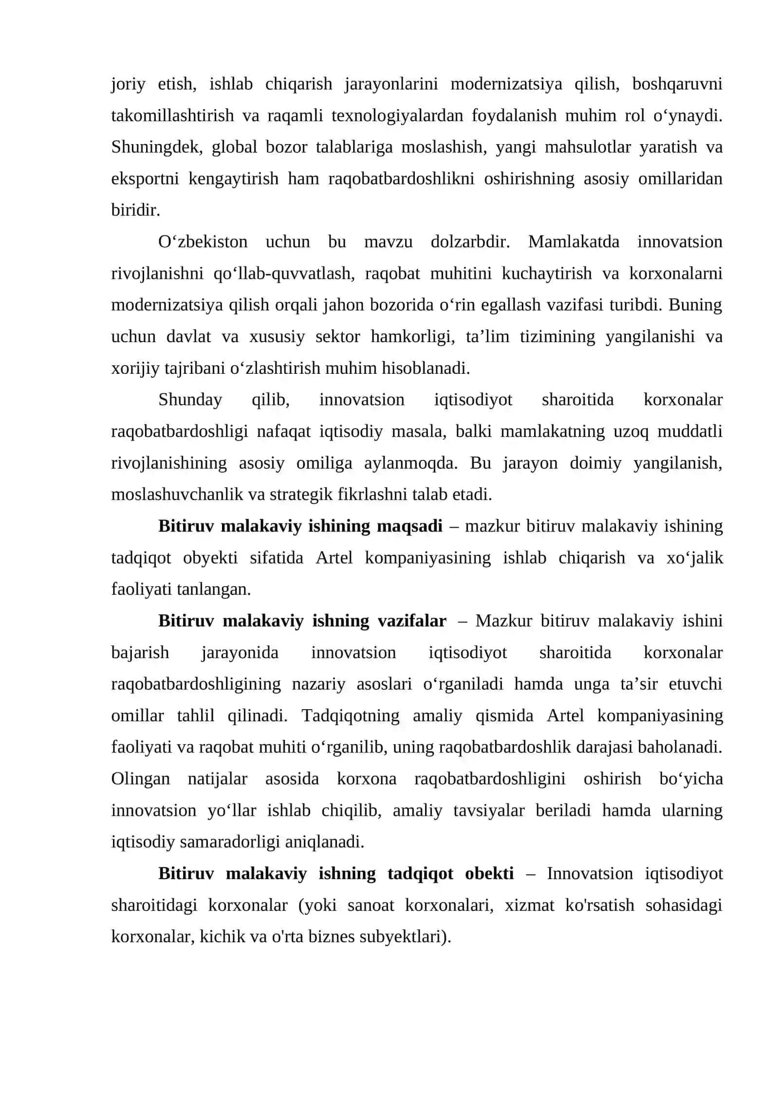 Innovatsion iqtisodiyot sharoitida korxonalar raqobat bardoshligini oshirish | Bitiruv Malakaviy Ish BMI 4