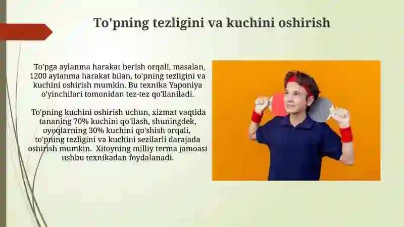 Stol tennis tòpchasini òyinga kiritish texnikasini takomillashtirish 4