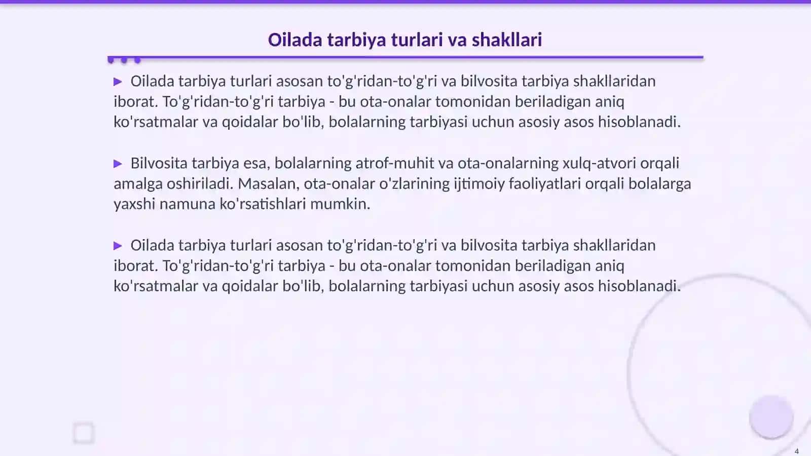 Oilada bola tarbiyasi toifalari va oqibatlari 4