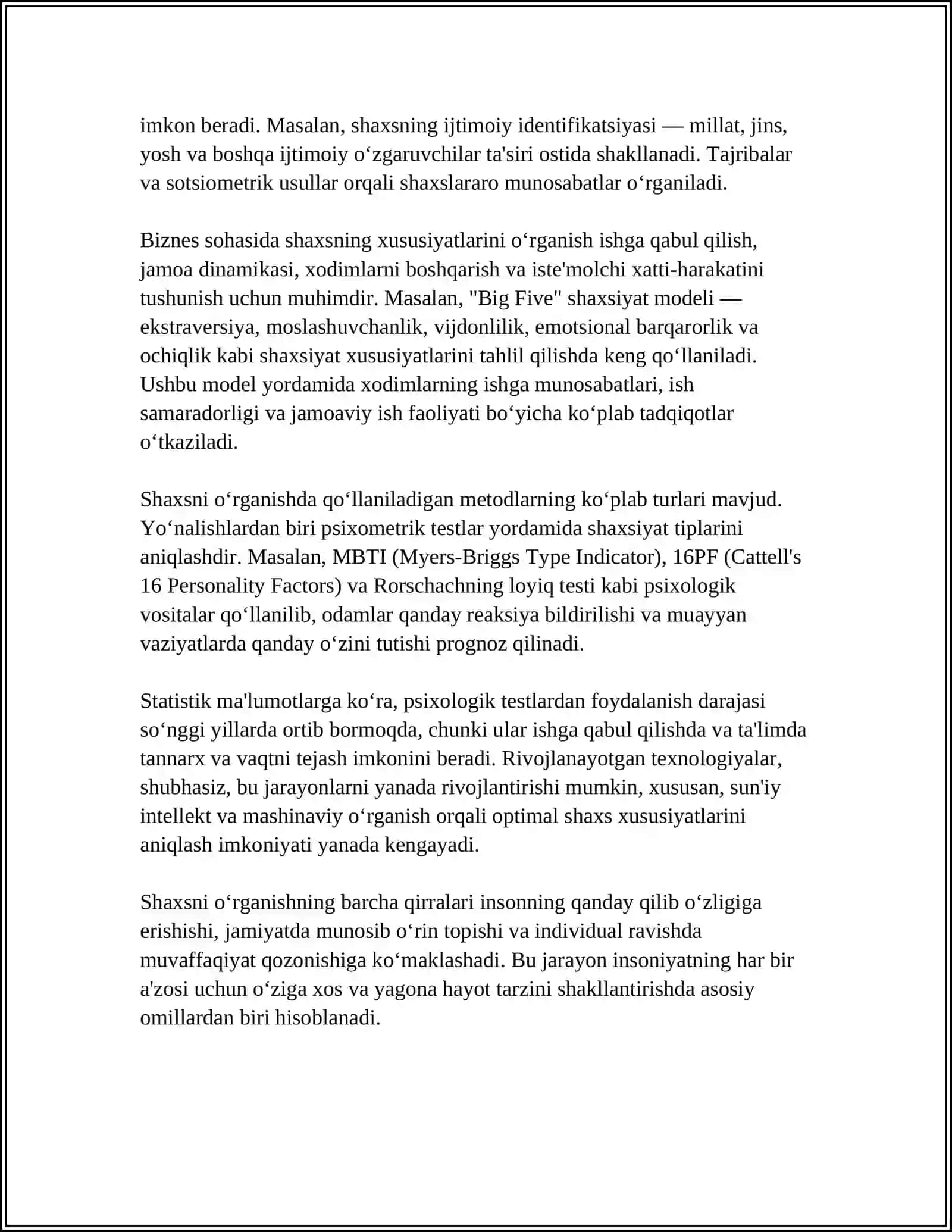 SHAXSNI O‘RGANISH SO‘ROVNOMALARI. 2.G.AYZENKNING “EKSTROVERSIYA-INTROVERSIYA VA NEYROTIZMNI ANIQLASH” SO‘ROVNOMASIGA EKVALENT VARIANT TAYYORLASH 4