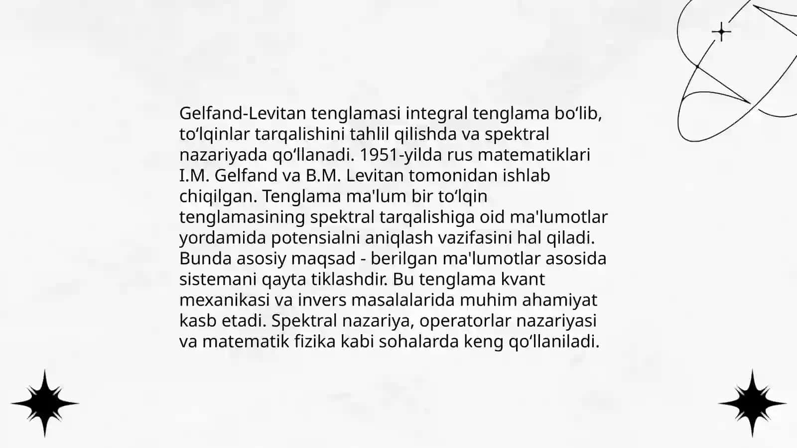 Sochilishining teskari masalasi metodi. Gelfand Levitan-Marchenko tenglamasi 4