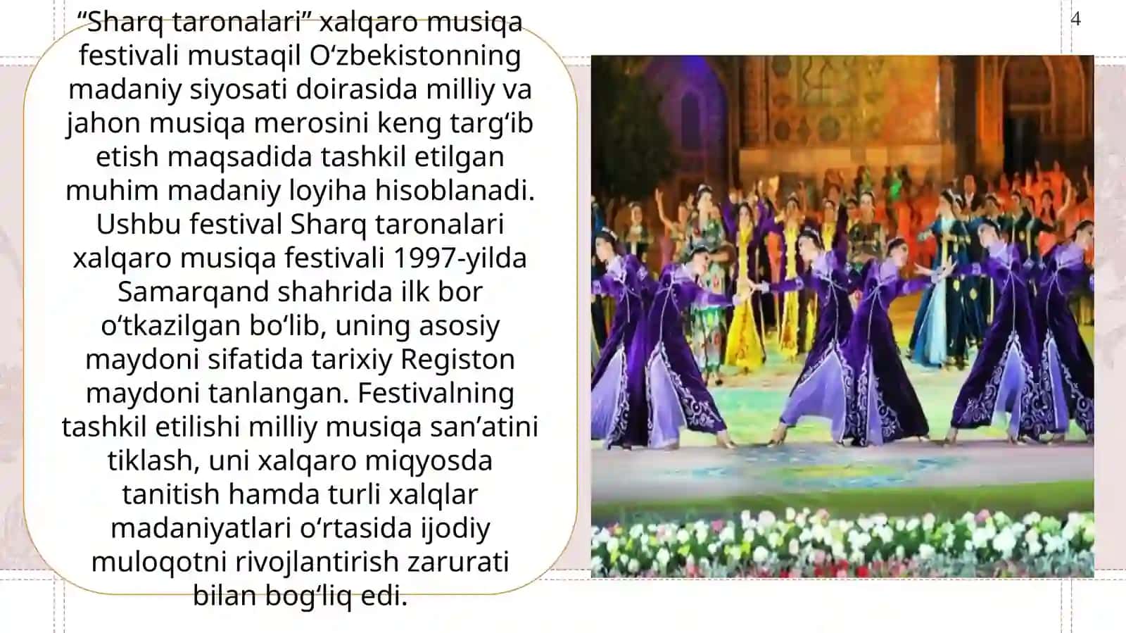Sharq taronalari xalqaro musiqa festivali dunyo mumtoz musiqasining axborot manbasi sifatida. 4