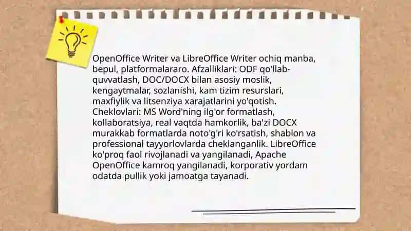 Ms office Word, Libre offis Writer, Open Offis Writer redaktorlarining tahlili 4