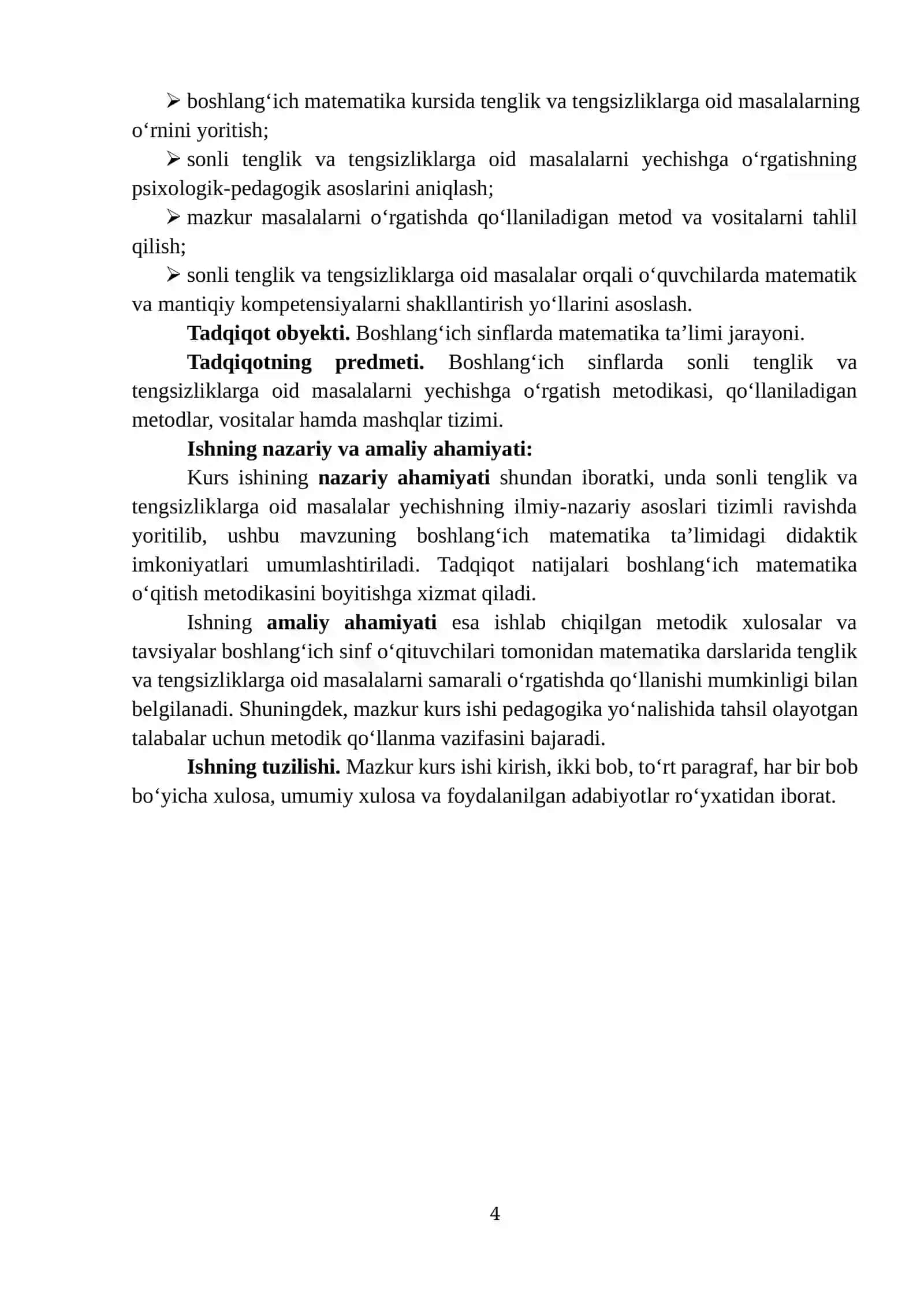 "BOSHLANG‘ICH SINFLARDA SONLI TENGLIK VA TENGSIZLIKLARGA OID MASALALAR YECHISHGA O‘RGATISH METODIKASI" 4