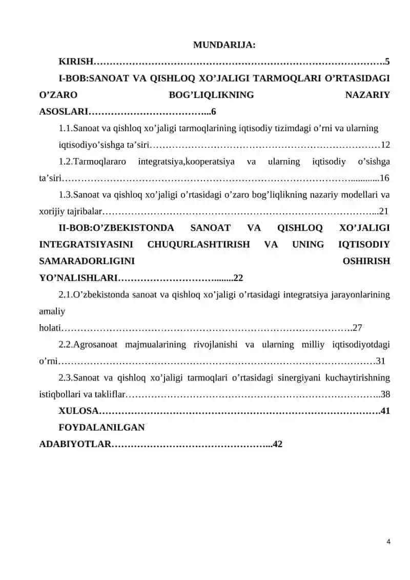 Sanoat va qishloq xo’jaligi tarmoqlari o’rtasidagi o’zaro bog’liqlik va uning milliy iqtisodiyotga ta’siri 4