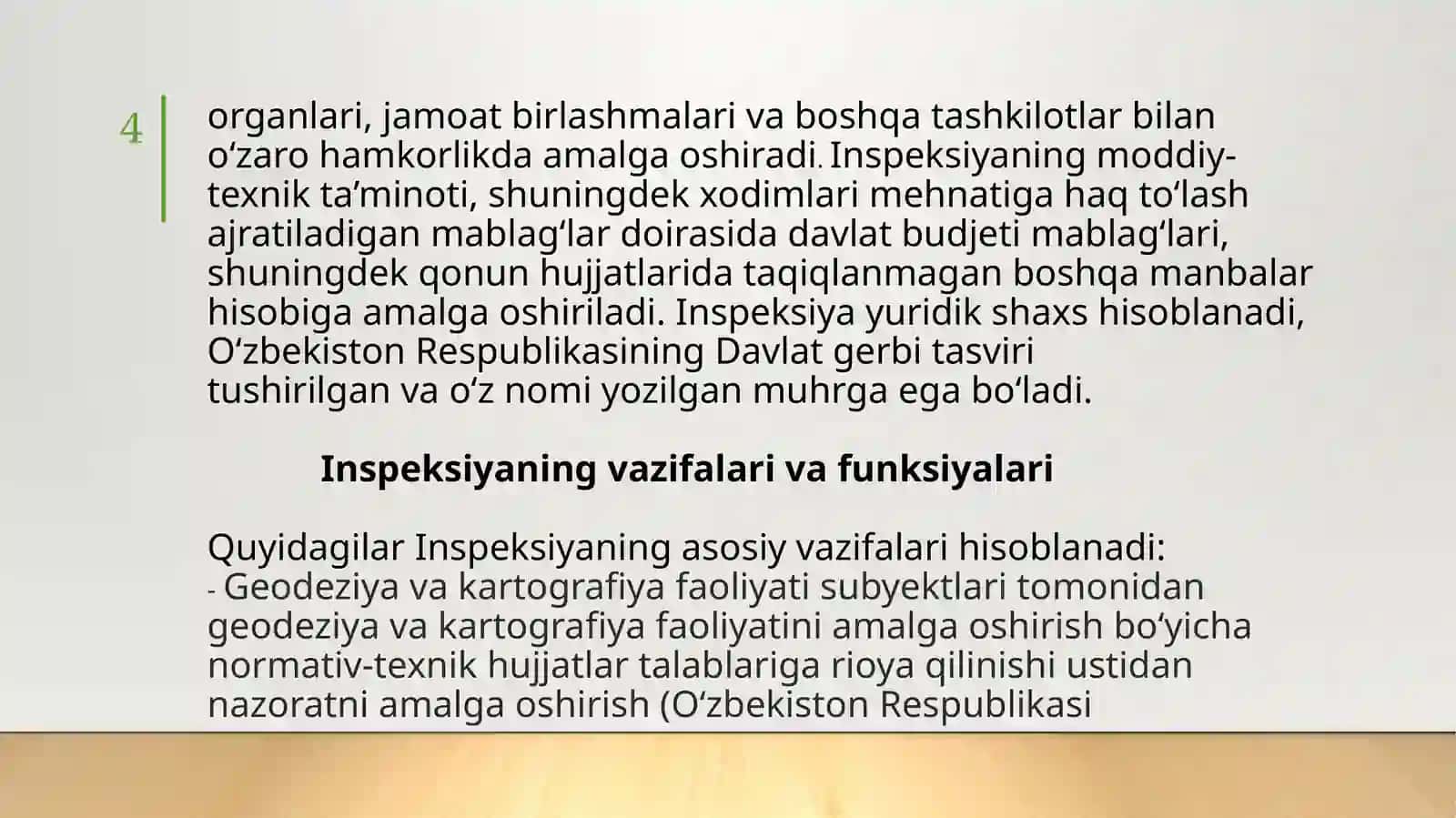O'zbekiston Respublikasi Yer resurslari, geodeziya, kartografiya va davlat kadastri davlat geodeziya nazorati inspektsiyasi 4