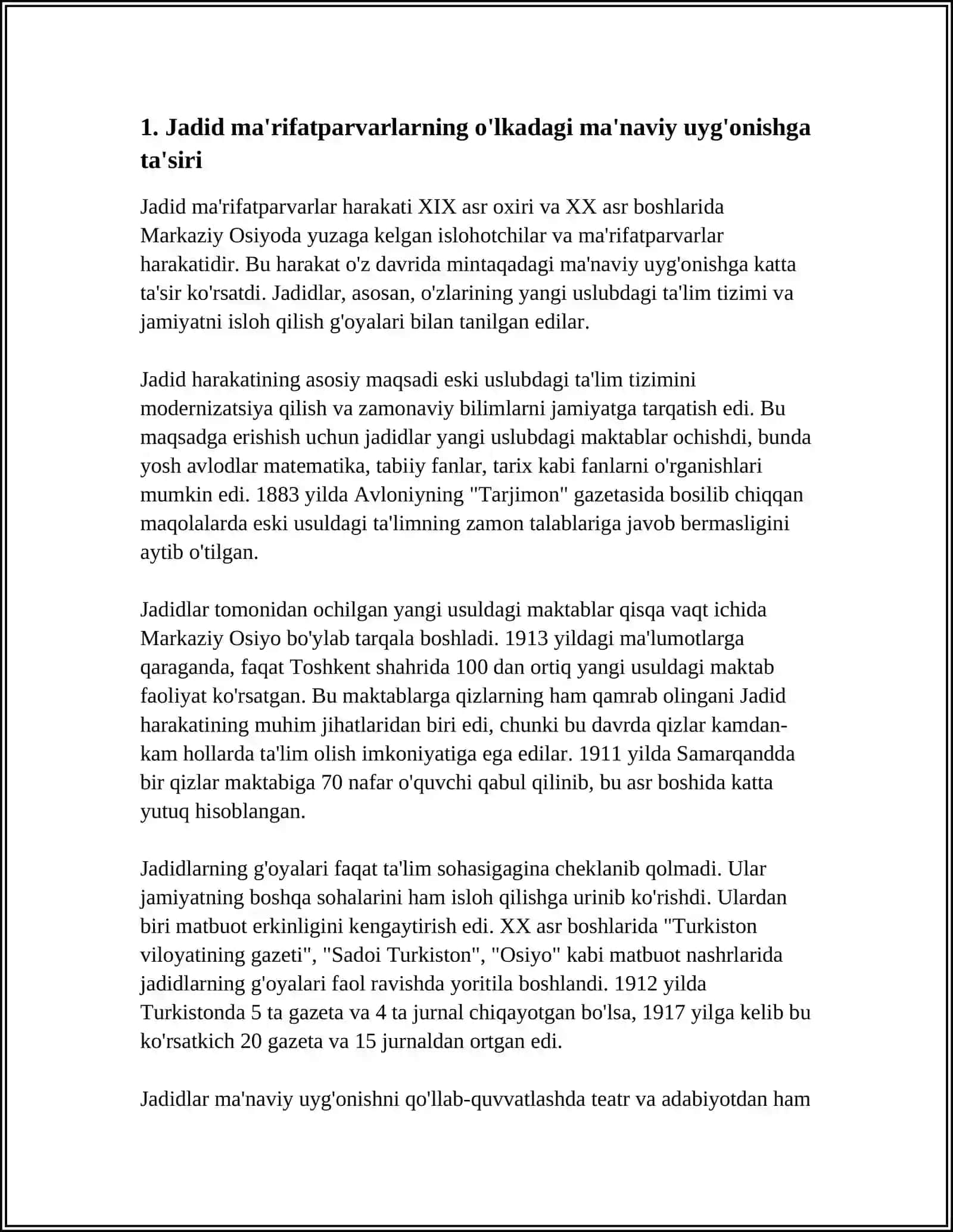 JADID MA'RIFATPARVARLARINING ÒLKA IJYIMOIY-MA'NAVIY HAYOTIDA TUTGAN ÒRNI (MUNAVVAR QORI, FITRAT, BEHBUDIY, AVLONIY VA BOSHQA ) 4
