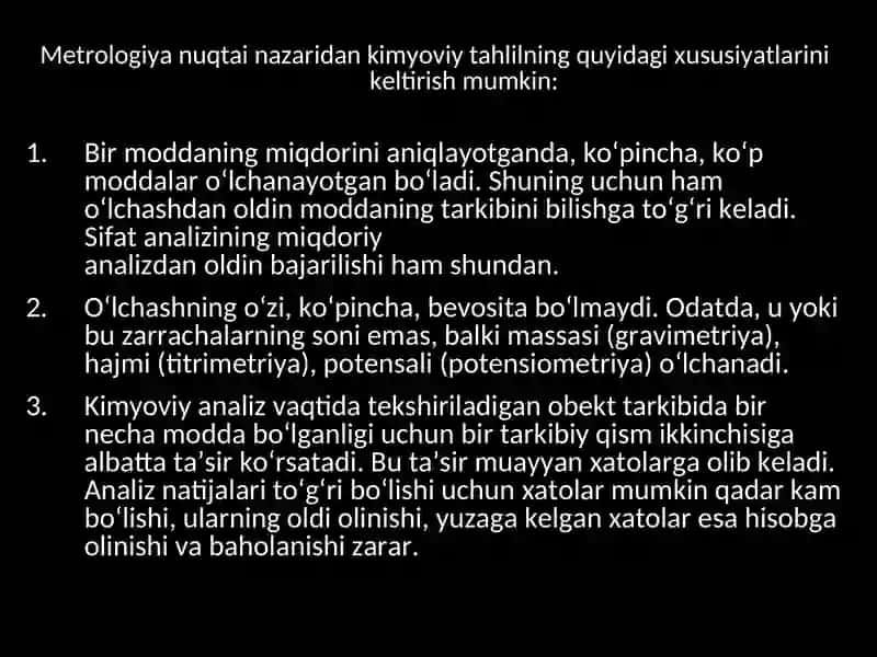 ANALITIK KIMYONING METROLOGIK ASOSLARI.  ANALIZ XATOLARINING SINFLANISHI. SISTEMATIK VA TASODIFIY XATOLAR 4