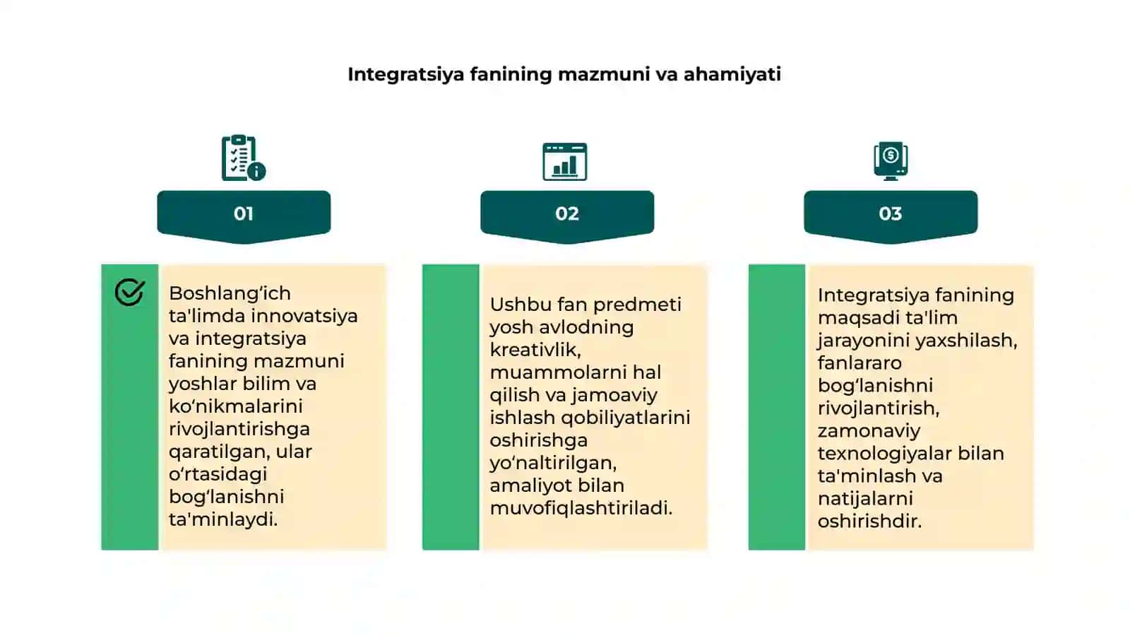Boshlang'ich ta'limda innovatsiya va integratsiya fanining mazmuni, predmeti, maqsadi 4