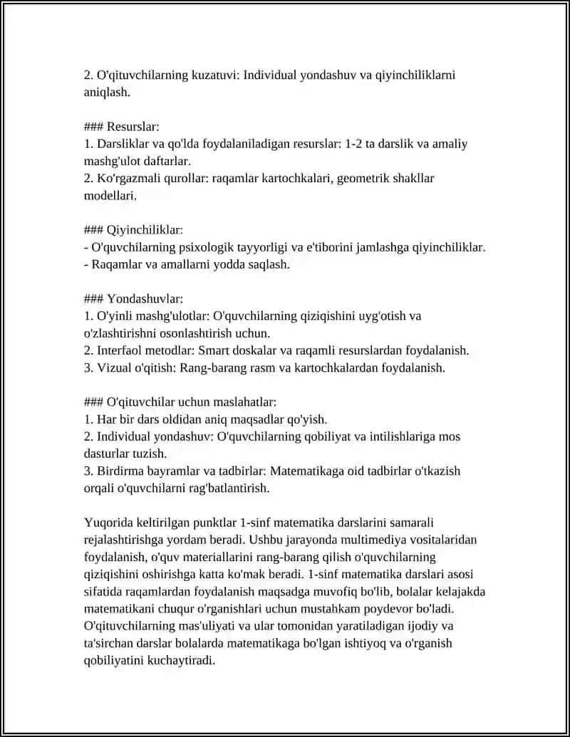 1-SINF MATEMATIKA DARSLARINI TASHKIL ETISHDA O'QITISH METODLARIDAN FOYDALANISH YO'LLARI 4