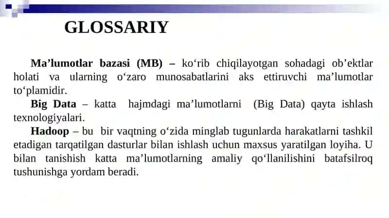 Ma’ruzama’lumotlar bazalari vakatta hajmdagi ma’lumotlar bilan ishlash texnologiyalari 4