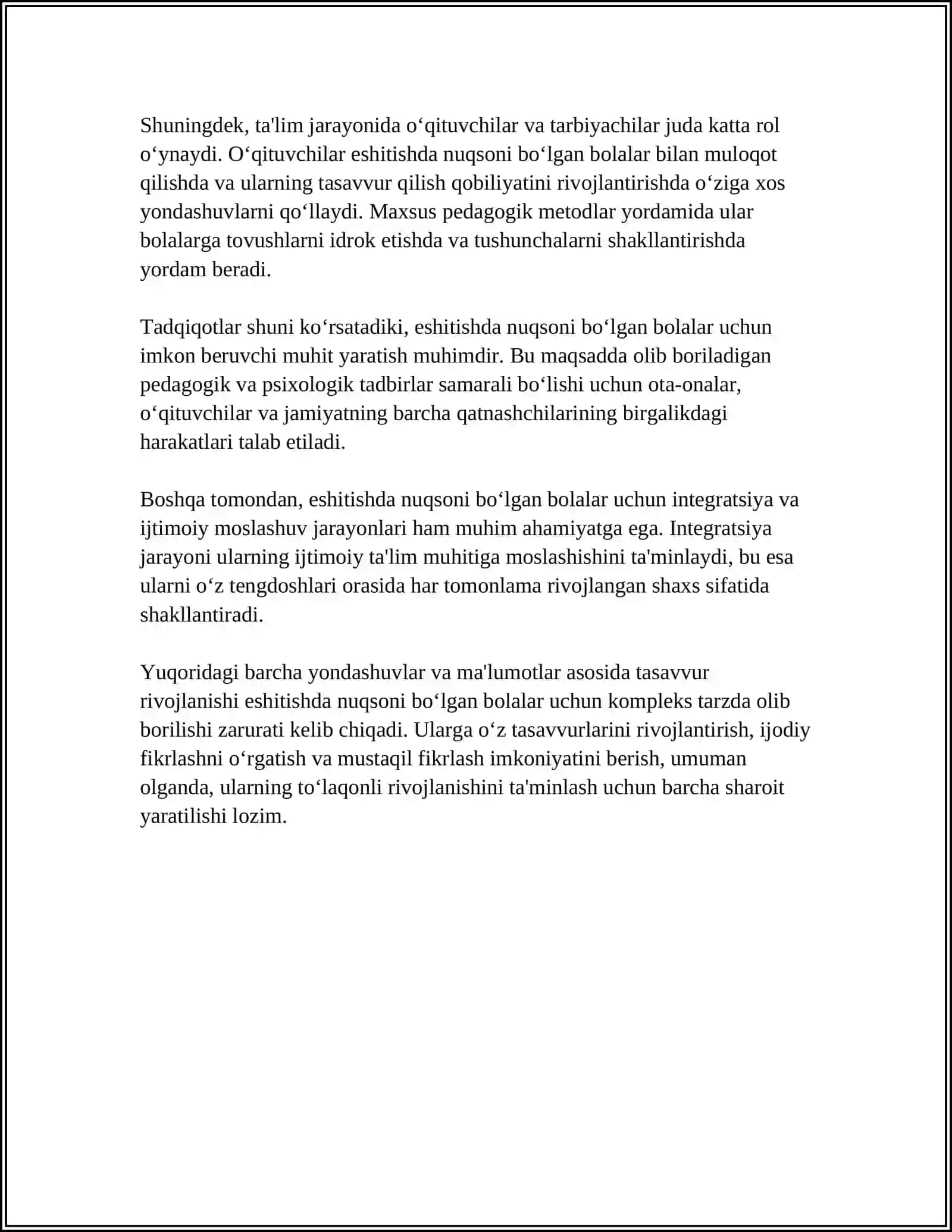 ESHITISHDA NUQSONI BOʻLGAN BOLALARNING TASAVVUR VA HAYOL XUSUSIYATLARI 4