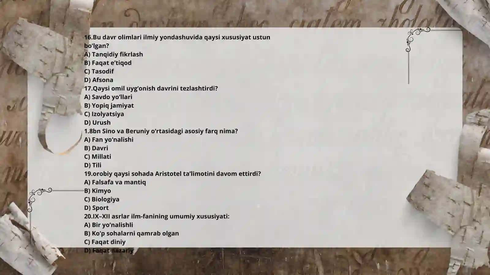 IX–XII asrlardagi Renessansning  test 4