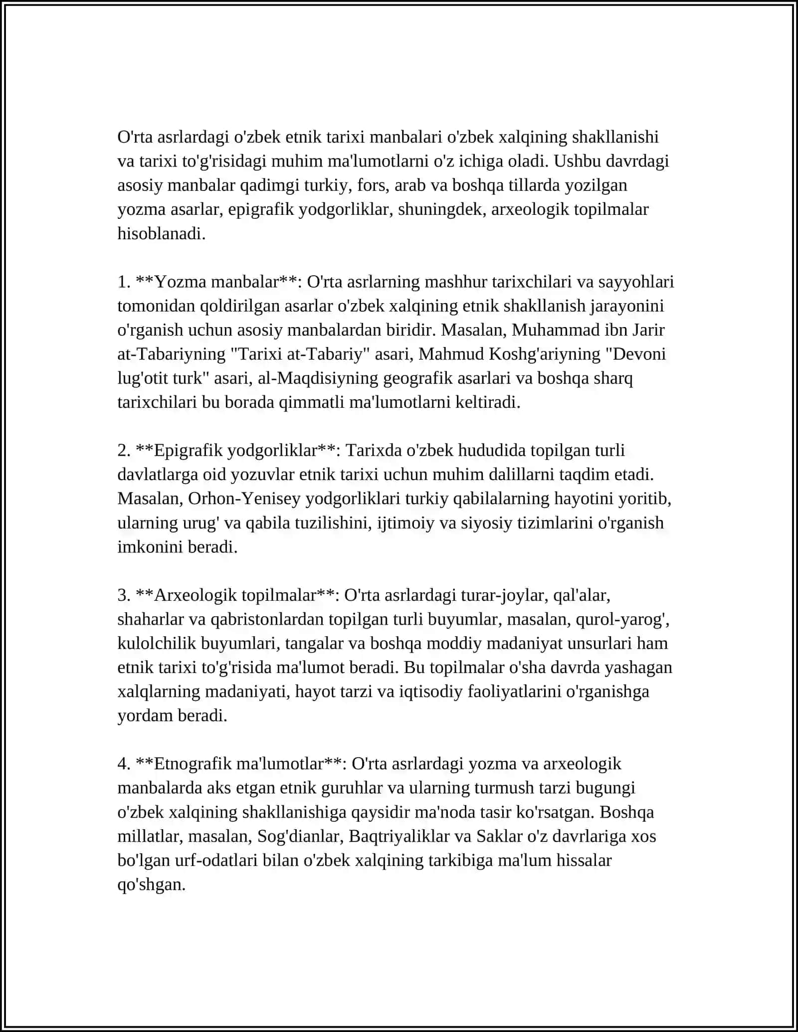 OʻZBEK XALQINING ETNOGENEZI VA ETNIK TARIXIGA OID ENG MUHIM MANBALAR TAVSIFI VA GURUHLARGA BOʻLINISHI 4
