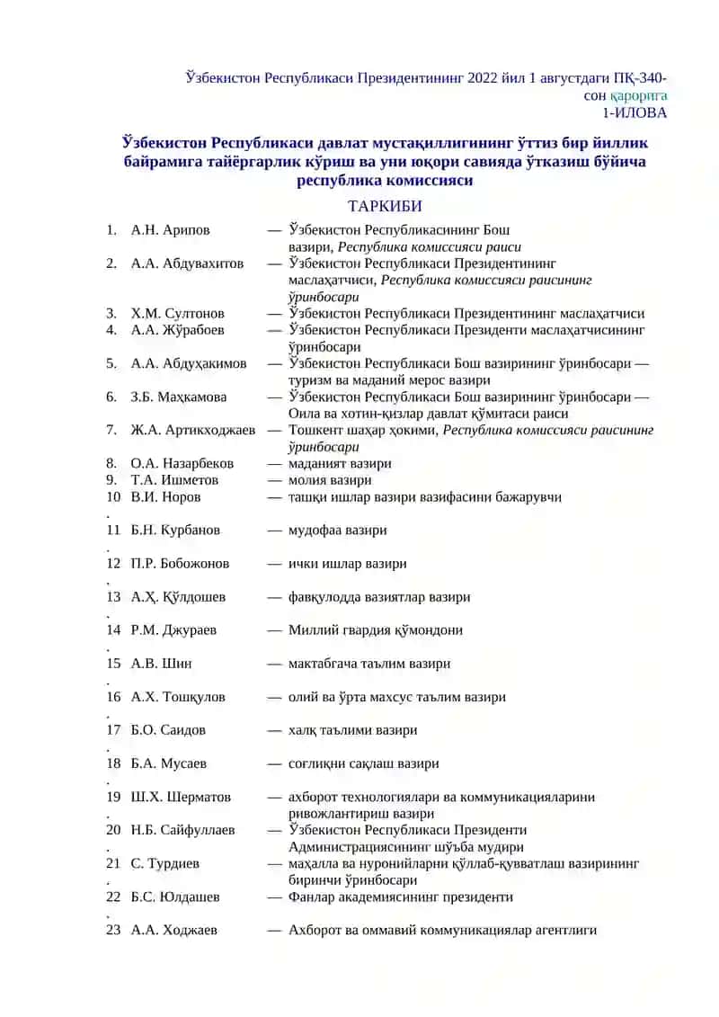 ЎЗБЕКИСТОН РЕСПУБЛИКАСИ ДАВЛАТ МУСТАҚИЛЛИГИНИНГ ЎТТИЗ БИР ЙИЛЛИК БАЙРАМИГА ТАЙЁРГАРЛИК КЎРИШ ВА УНИ ЮҚОРИ САВИЯДА ЎТКАЗИШ ТЎҒРИСИДА 4