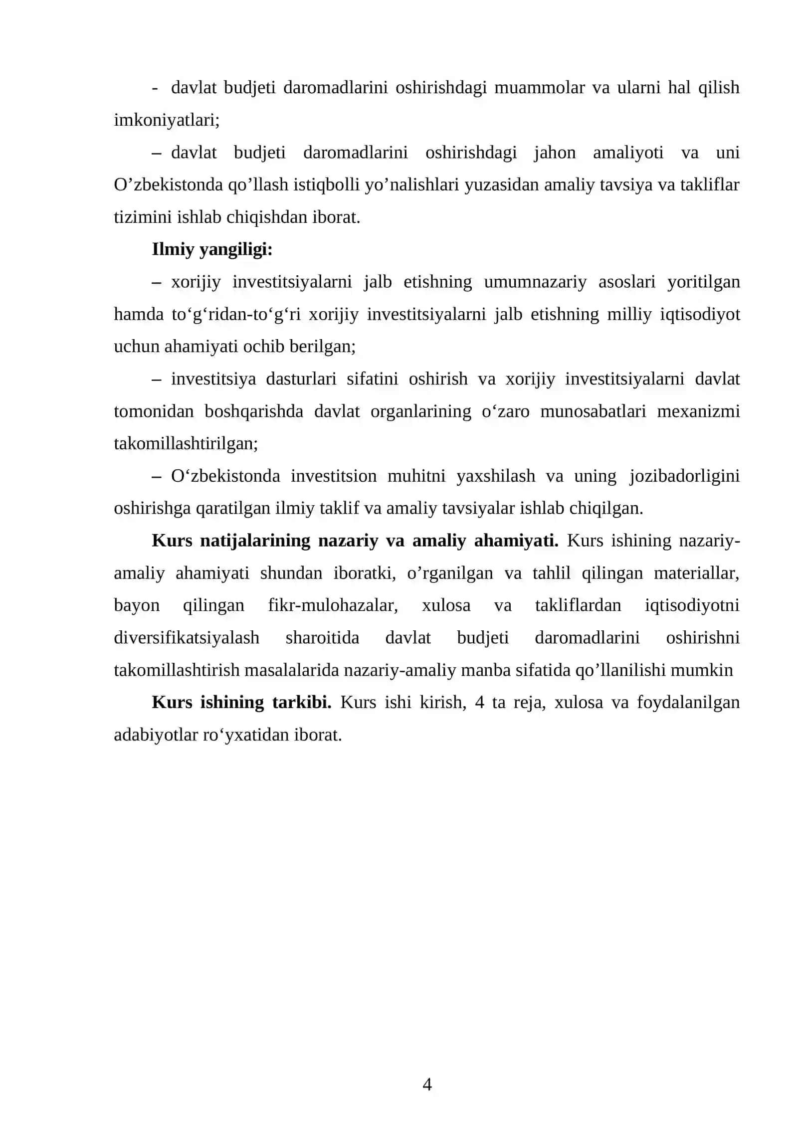 O’zbekiston Respublikasida respublika va mahalliy hukumat organlarining budjet huquqlari va ularni takomillashtirish masalalari mavzusida kur ishi 4
