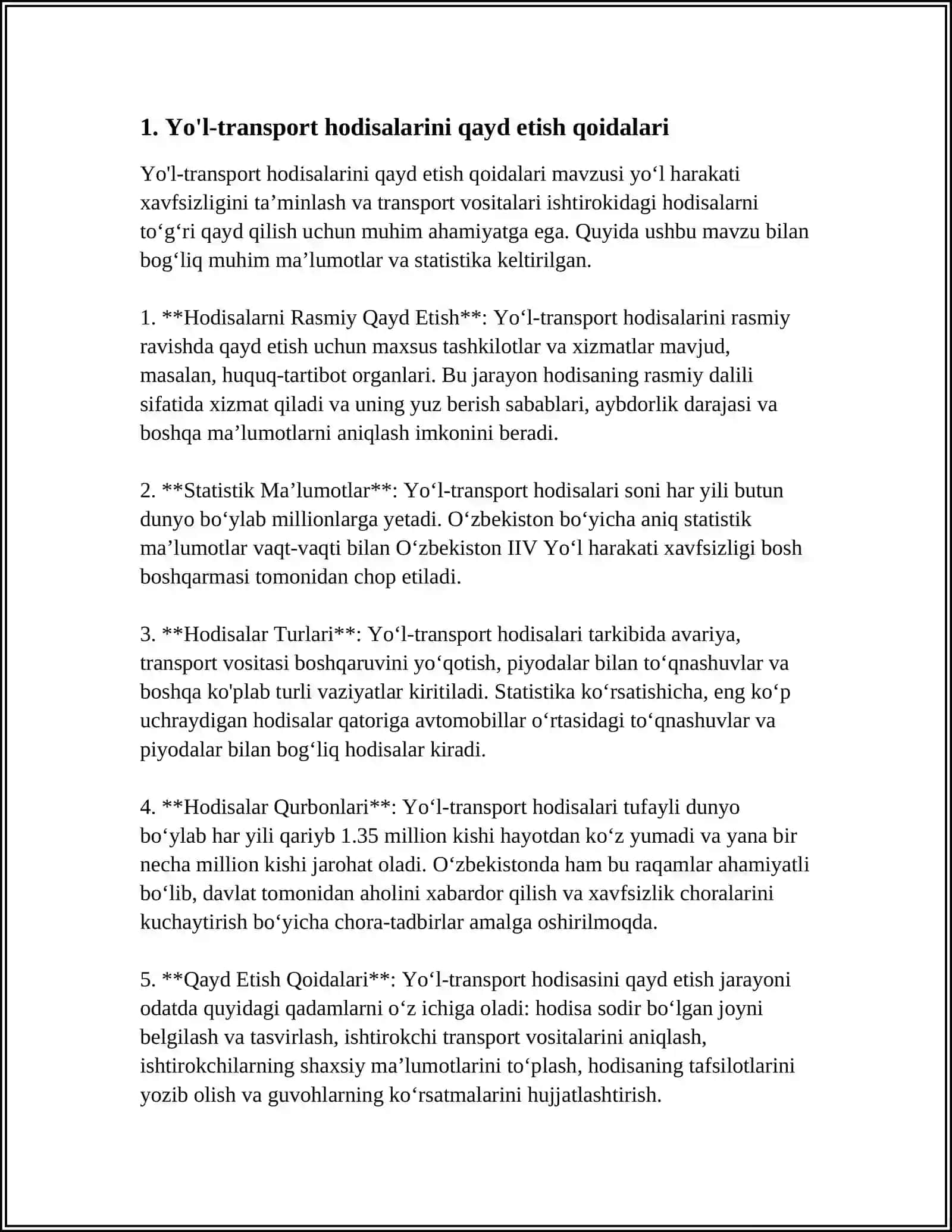 YOʻL-TRANSPORT HODISALARINI QAYD ETISH VA HISOBGA OLISH QOIDALARI ULARNI VUJUDGA KELISH SABABLARI SHARTLARI VA OMILLARNI ANIQLASH 4