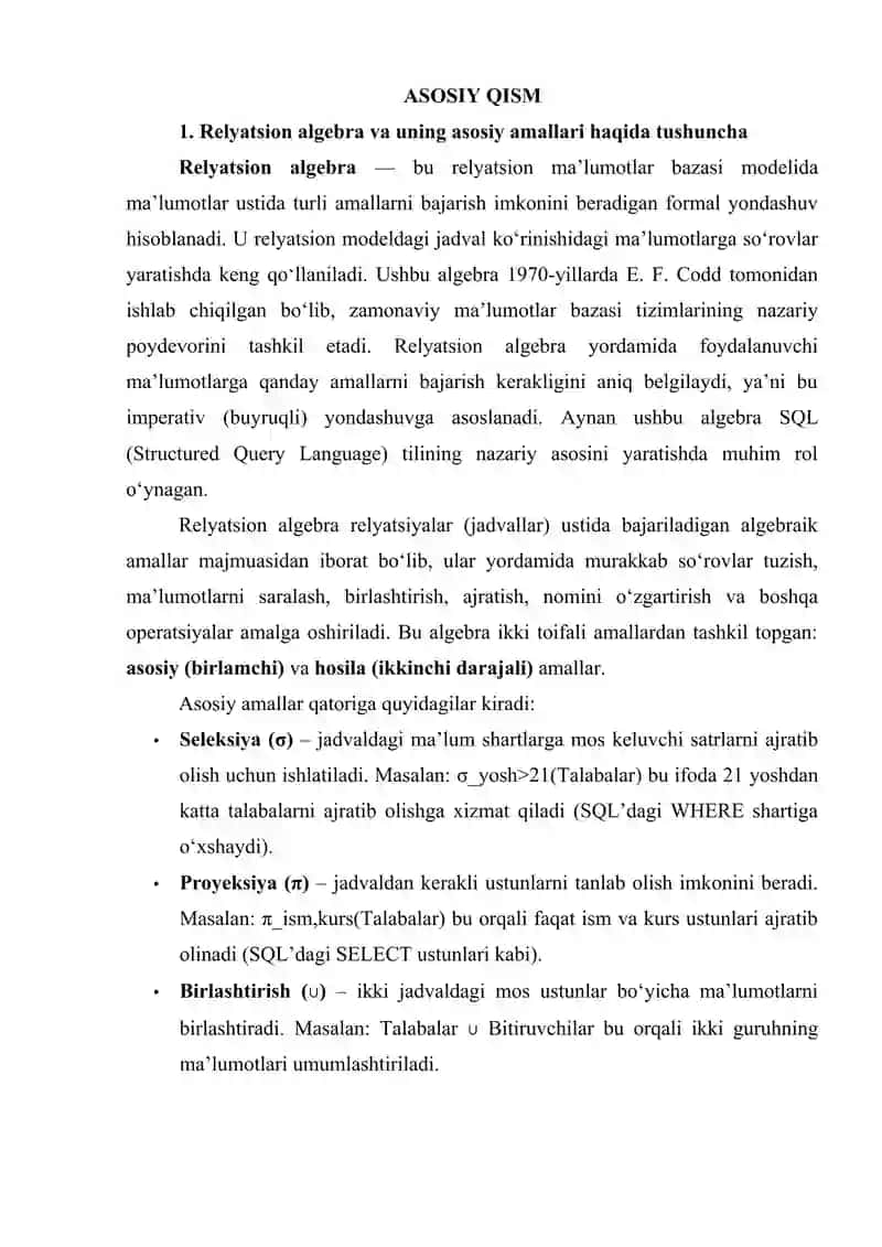 Kodd relyatsion algebrasi. Relyatsion hisoblash 4