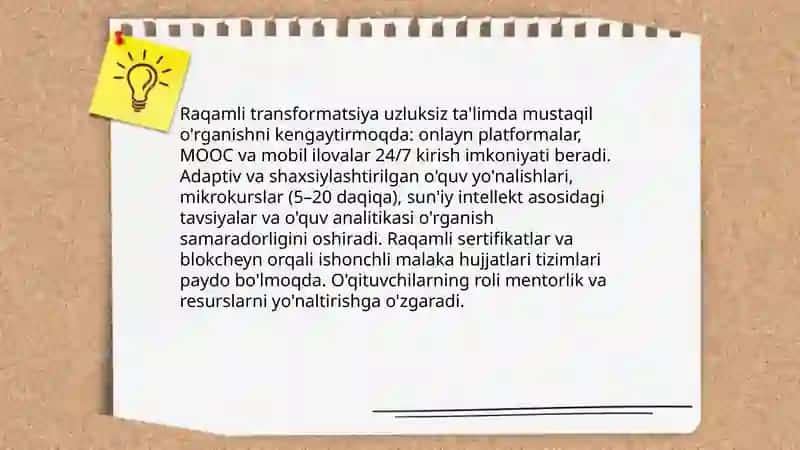 Uzluksiz ta'limdagi tendensiyalarni mustaqil ta'lim shaklida o'rganish 4