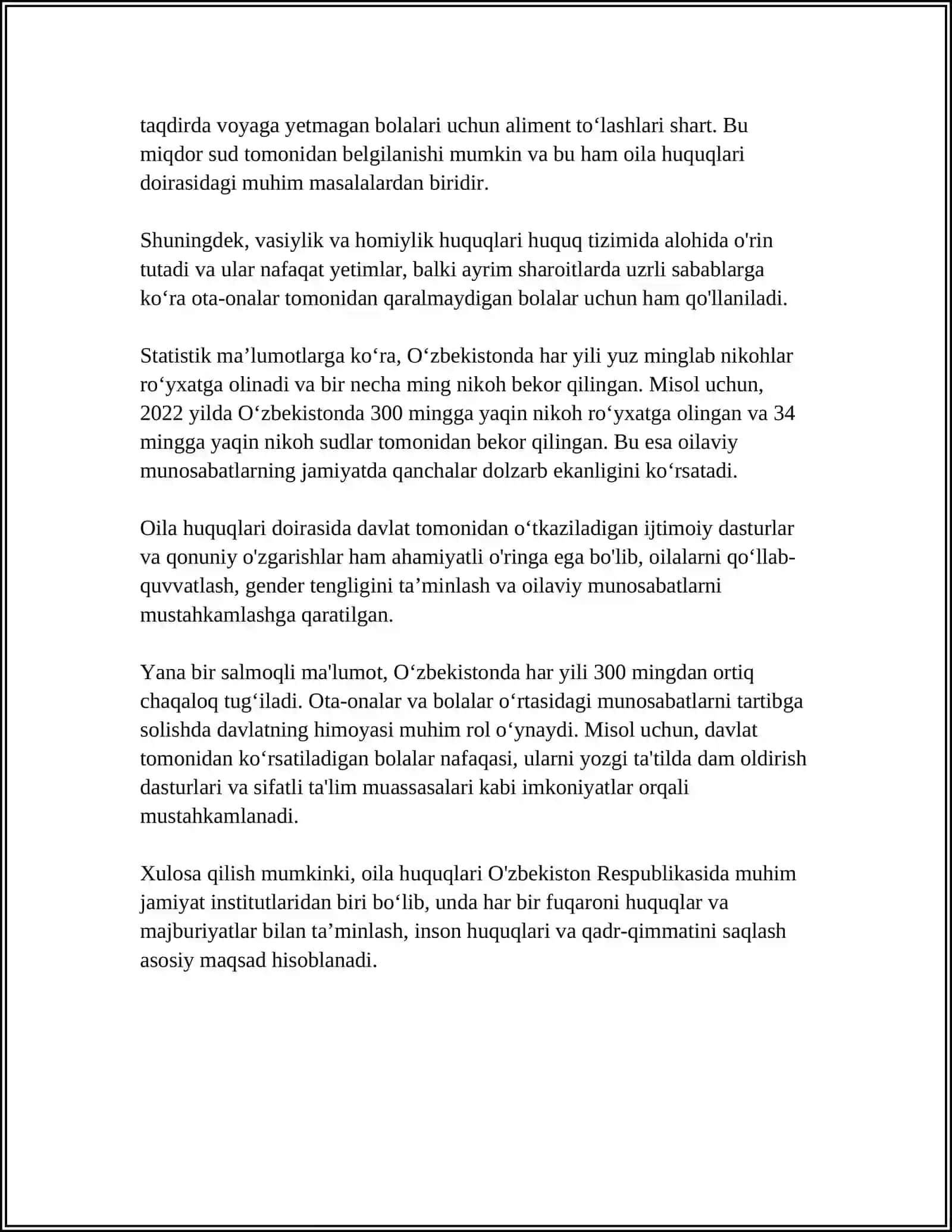 MUSTAQIL ISH Mavzu: OILA, BOLALAR VA YOSHLARGA TEGISHLI HUQUQLAR 4