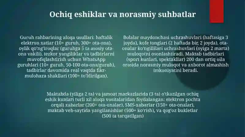 Guruh rahbarlarining ota -onalar bilan olib boradigan ish shakllari 4