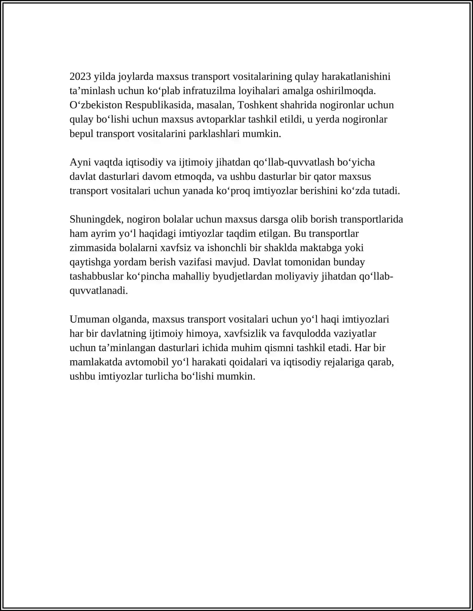 MAXSUS TRANSPORT VOSITALARINING IMTIYOZLARI 4