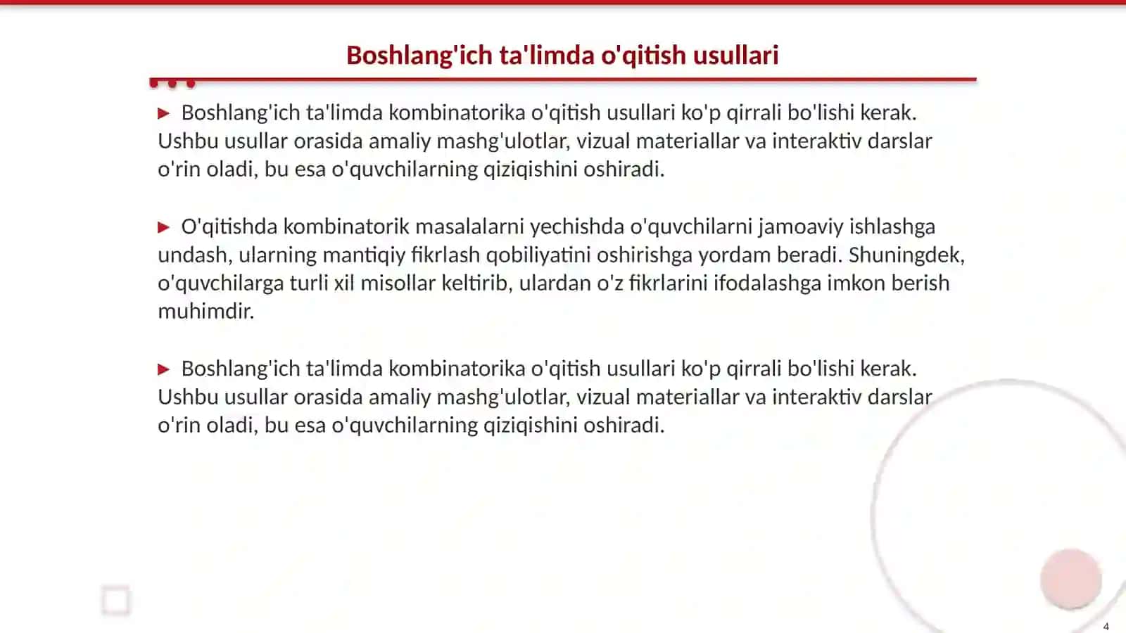 Boshlang'ich ta'limda kombinatorika elementlar/ Boshlang'ich sinf matematika darslarida integratsiyalashgan ta'lim fanidan 4
