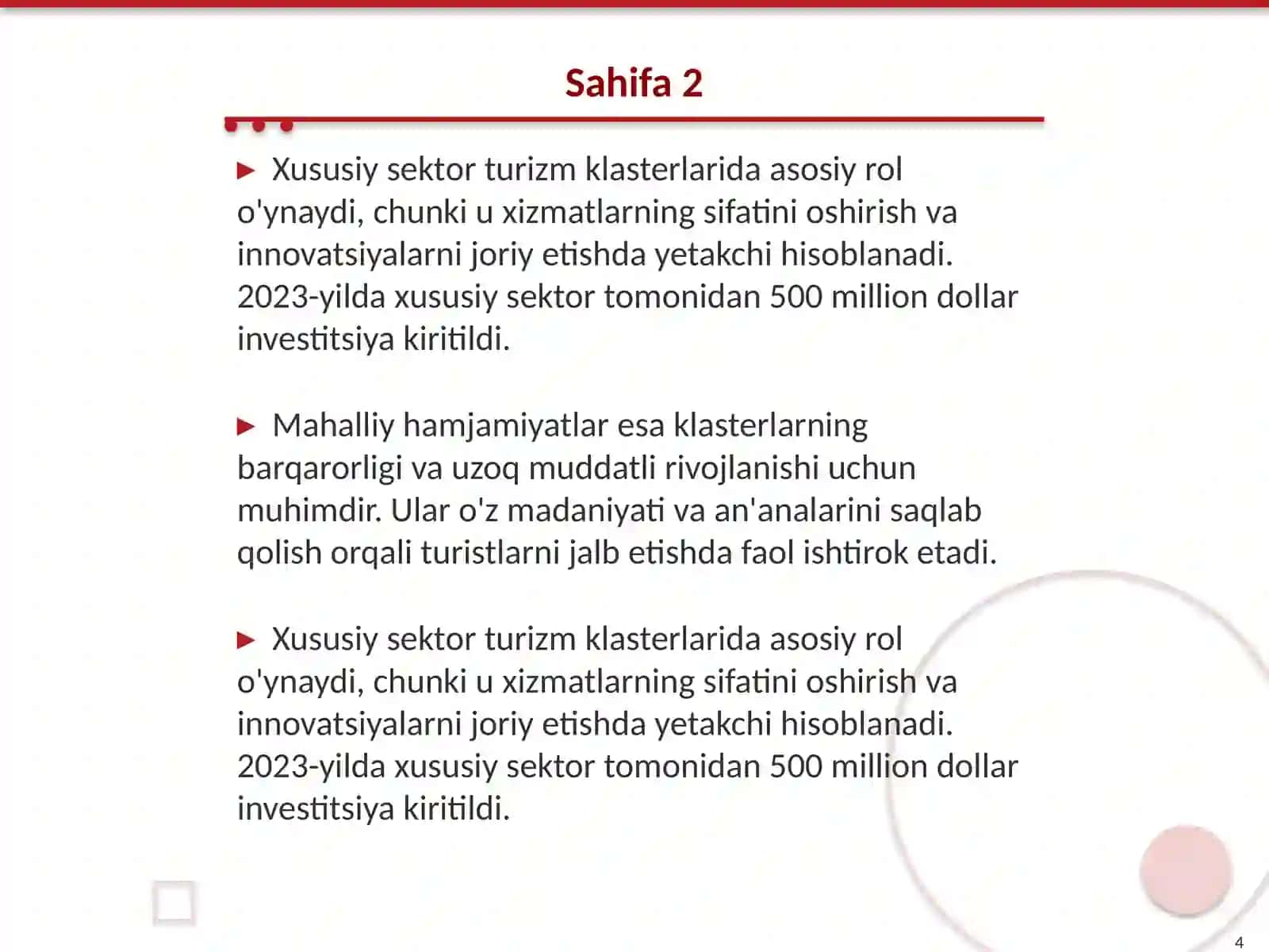 Turizm klasterlarini shakllantirishda davlat, xususiy sektor va mahalliy hamjamiyat manfaatlarini uyg‘unlashtirish masalalari 4