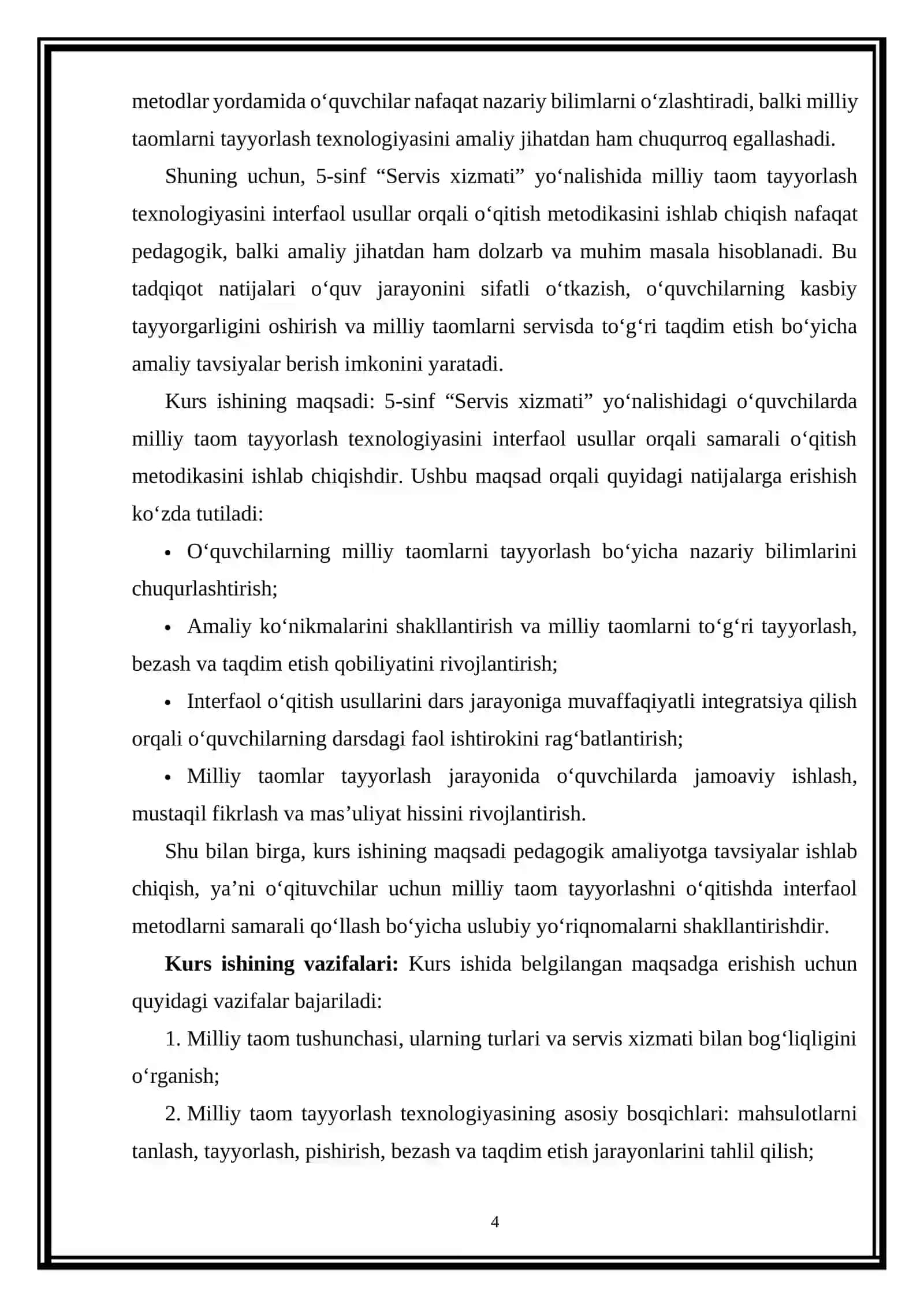 “Milliy taom tayyorlash texnologiyasi” mavzusini interfaol usullardan foydalanib o‘qitish metodikasi 4